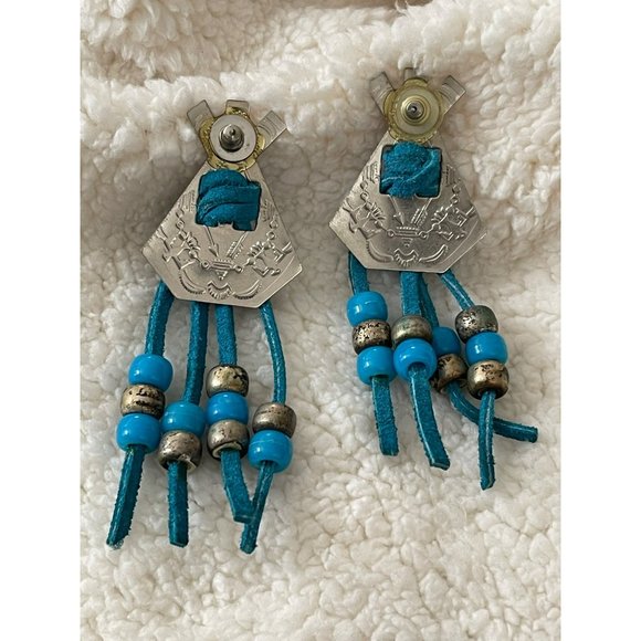 Vintage Silver Tone Pony Bead Blue Leather Teepee Pierced Earrings - Picture 4 of 8